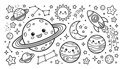 Smiling cartoon planet with rings orbiting. © bhinar