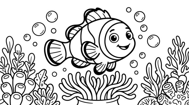 Smiling Cartoon Fish Underwater Scene.