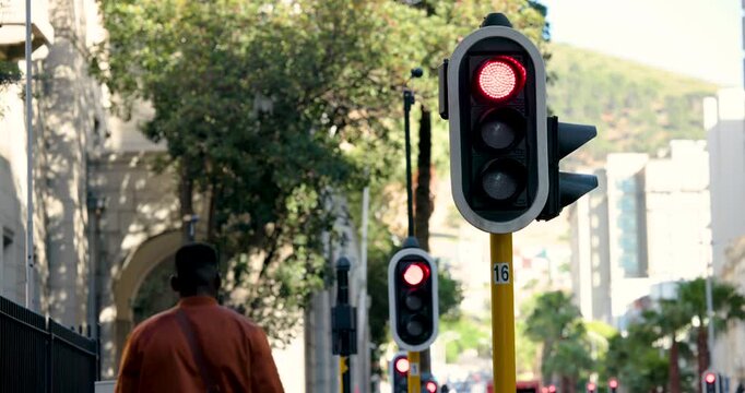 Diverse people walking on sidewalk after traffic light pole changing from red to green, copy space