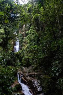 Pristine Tropical Waterfall Cascada Norte in Waraira Repano National Park. Hidden gem along the Rio Norte river in the lush mountains of Guatire, Miranda, Venezuela
