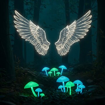 Fantasy wings and glowing mushrooms