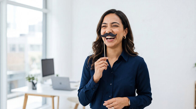 April Fools Day businesswoman fake mustache laughing office humor corporate celebration professional funny moment workplace comedy playful prop