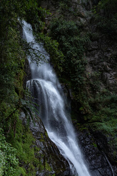 Pristine Tropical Waterfall Cascada Norte in Waraira Repano National Park. Hidden gem along the Rio Norte river in the lush mountains of Guatire, Miranda, Venezuela
