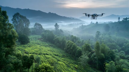 Fototapeta premium A drone flies over a lush green landscape with trees and rolling hills at sunrise