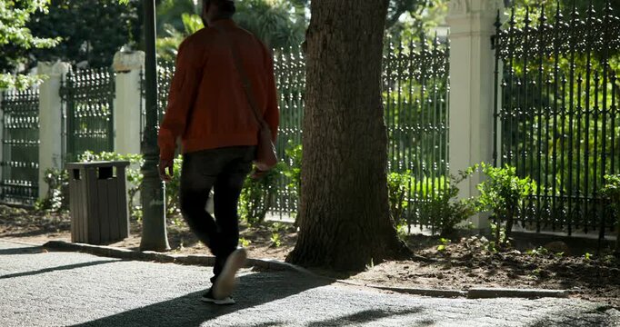 Tree trunk is anchoring while walkers are entering from right, walking left to cross park path