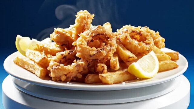 Delicious golden fried calamari rings and french fries with lemon wedges and coleslaw, shot in a studio.