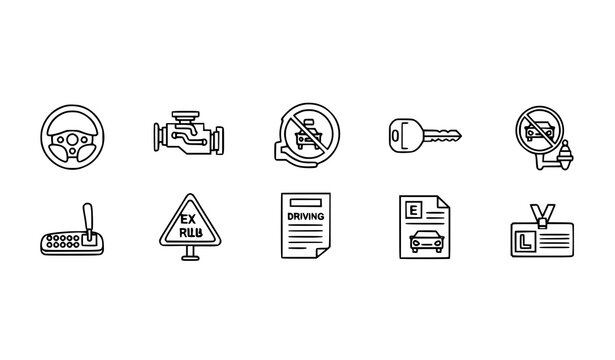 Driver education outline icon lineup with car control symbols engine key rules and examination vector set
