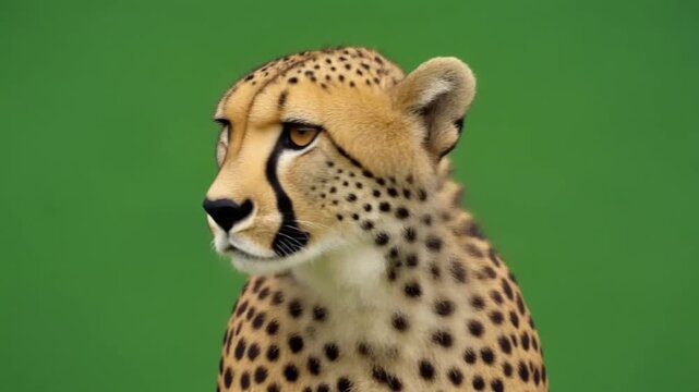 Close up of cheetah showing face and distinctive spotted coat against blurred green background for wildlife and nature photography