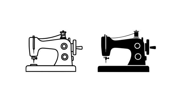 Sewing machine outline and solid black icon set minimal tailoring equipment vector isolated on white