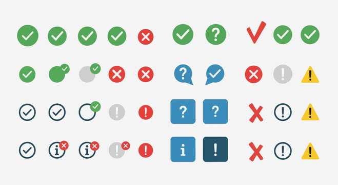 Set of various check marks crosses question marks and exclamation points