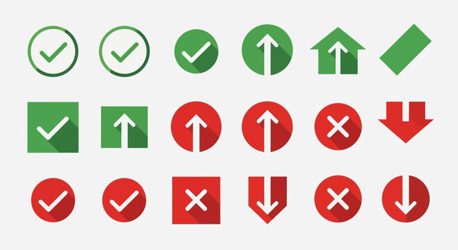 Set of various flat icons with checkmarks arrows and symbols