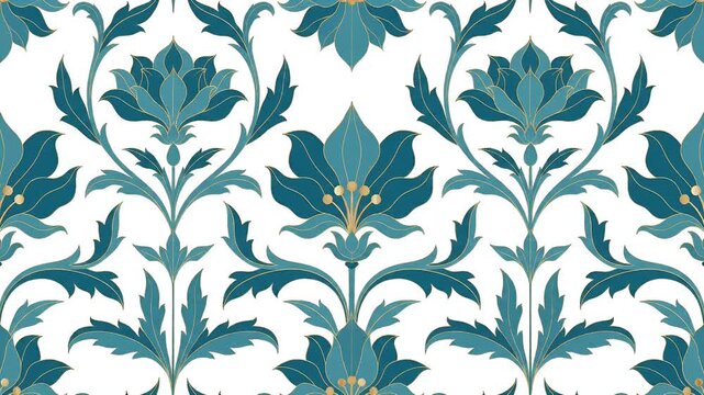 Teal Blue Floral Damask Pattern Motion Graphic Loop Gold Accents