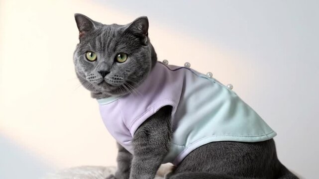 Cute British Shorthair cat wearing a stylish pastel shirt with pearl buttons