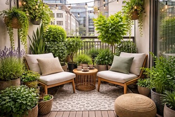 Fototapeta premium Cozy balcony with green plants, wooden chairs, small table and string light. Urban terrace garden with comfortable furniture