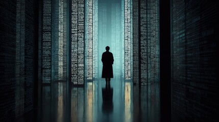 Fototapeta premium Exploring Knowledge Concepts With Silhouette Standing in Front of Data Panels at Night With Soft Lighting and Deep Shadows