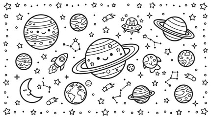 Black and white illustration of planets. © Payu