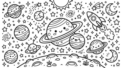 Colorful illustration of planets and rockets. © Payu