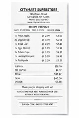Fototapeta premium Grocery store receipt with purchase list and prices. concept of shopping, budgeting, store transactions, everyday expenses, organized retail, consumer spending record