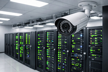 Obraz premium Surveillance security camera in a modern data center with cctv setup and servers. concept of security monitoring, data protection, and advanced technology infrastructure