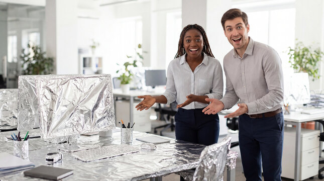 April Fools Day office prank foil wrapped desk surprised coworkers employees workplace humor corporate celebration funny moment professional reaction