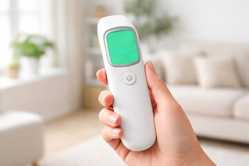 Woman holding a digital thermometer with a blank green screen for telemedicine and digital health concept. Remote medical device, blank screen, mockup, copy space