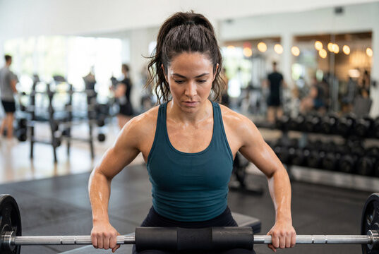 Fit young woman performing a barbell hip thrust exercise on a gym bench