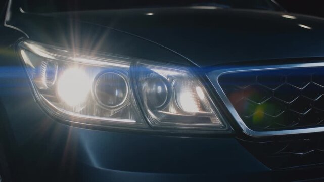 Car Headlight Closeup with Bright Lights.