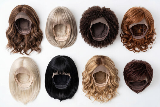 Assortment of diverse female wigs displaying internal cap construction on a white surface