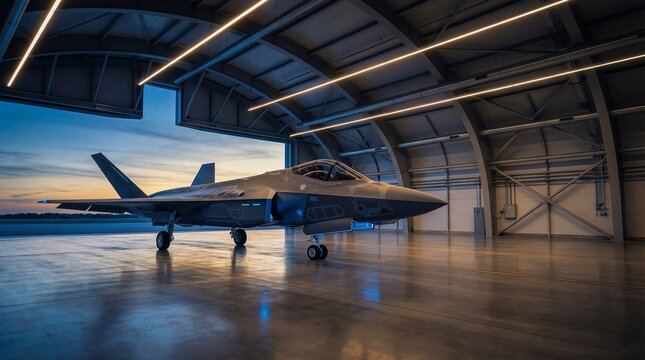 A modern stealth fighter jet parked inside a well-lit hangar with a reflective floor, at dusk.