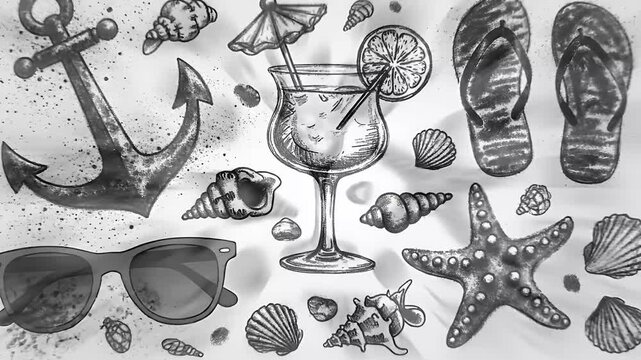 Summer Beach Nautical Elements Seaside Objects and Ocean Waves In Sketch Style
