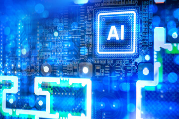 Fototapeta premium Artificial intelligence development, glowing AI processor chip mounted on electronic circuit board symbolizes machine learning computing power and advanced semiconductor technology.