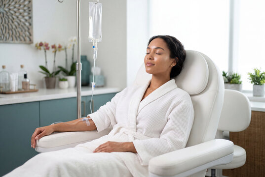 Relaxed woman in white robe receiving intravenous therapy in spa chair