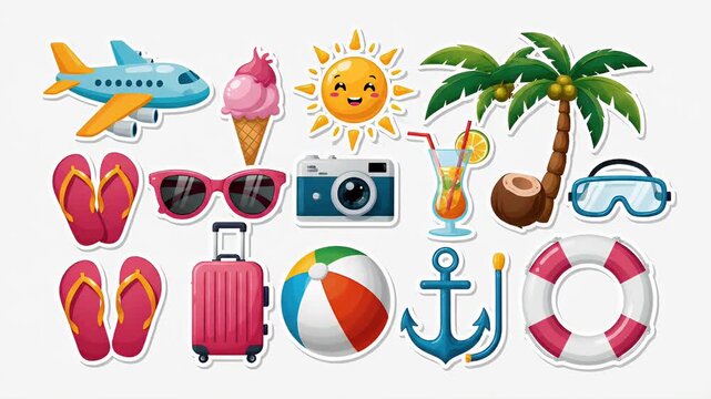 Summer Vacation Beach Travel Icons Airplane Sunglasses Tropical Palm Tree
