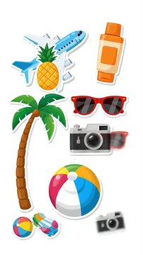 Summer Vacation Travel Icons With Airplane Palm Tree Beach Ball And Sunglasses