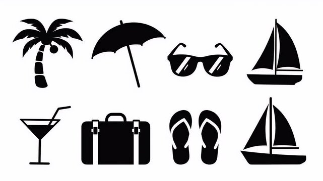 Summer Vacation Icons Palm Tree Umbrella Sunglasses Sailboat Martini Glass Suitcase Flip Flops