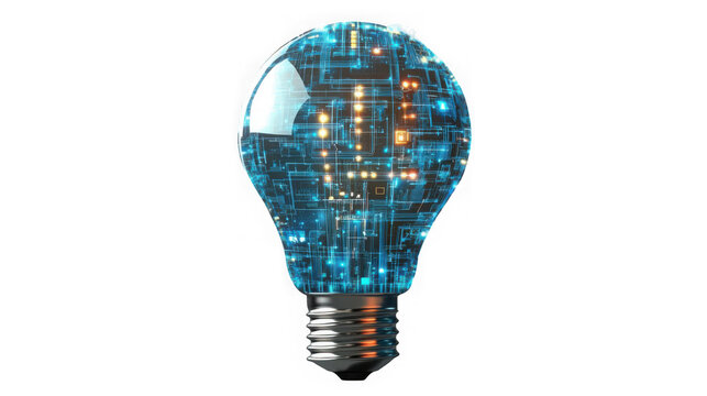 A glowing blue light bulb with a circuit board inside