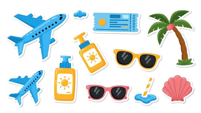 Summer Vacation Travel Icons With Airplane Palm Tree Sunglasses Sunscreen