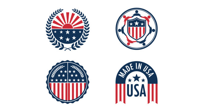 Set of 4 USA Patriotic Logo Designs and Badges Featuring Stars, Stripes, and Made in USA Seal