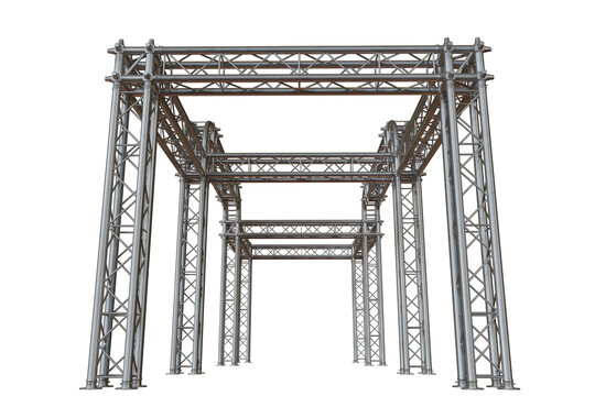 Event production and stage construction. Modular aluminum truss structures arranged in perspective, used for lighting rigs, exhibitions, concerts, and temporary architectural installations.
