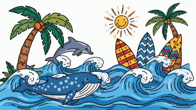 Sunny Day Ocean Waves With Dolphins and Whales Surfing and Palm Trees