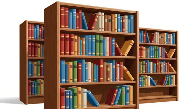 Three Wooden Bookshelves Filled With Colorful Books Warm Lighting Isolated