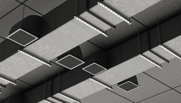 Climate control engineering and ventilation maintenance. Suspended air ducts and ceiling diffusers regulate airflow, ensuring cooling efficiency, indoor air quality and building system performance.