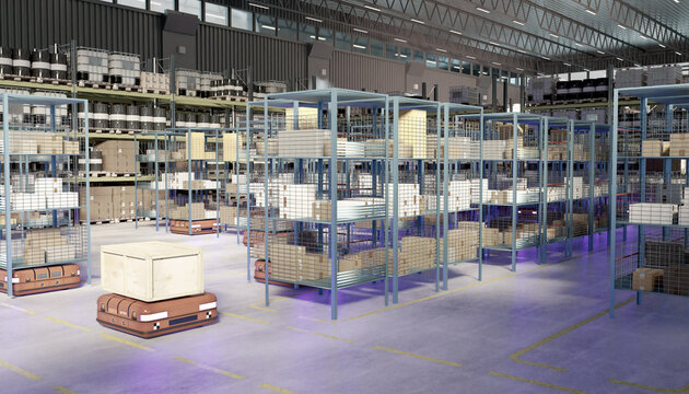 Warehouse robotics and automated logistics. Autonomous mobile robots transport crates through modern storage facility with shelving systems, optimizing order picking, inventory flow and distribution.