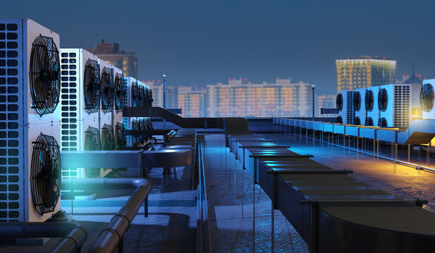Building climate systems and rooftop HVAC maintenance. Industrial air conditioning units and ventilation ducts installed on urban building roof, supporting cooling, airflow control  