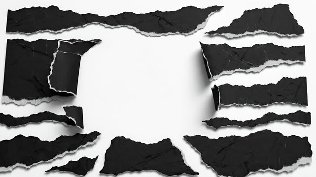 Torn Black Paper Strips on White Background Abstract Texture Footage Loop
