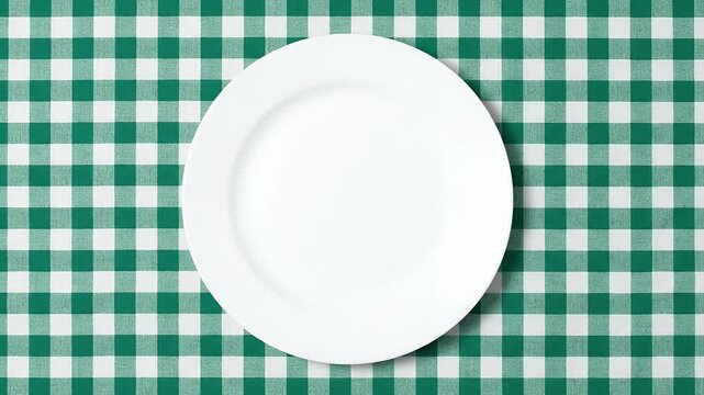 Top Down View White Plate on Green Gingham Tablecloth Footage