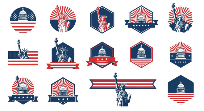 Collection of American Patriotic Logos and Badges featuring the Statue of Liberty, US Capitol Building, and National Flag Elements in Red White and Blue
