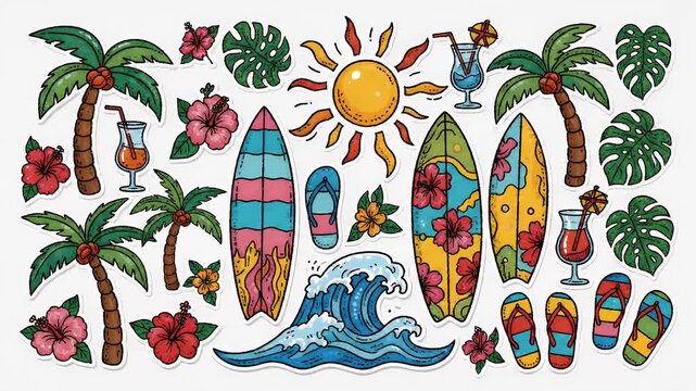 Tropical Summer Vacation Beach Elements Palm Trees Surfboards Sun Drinks Hawaii