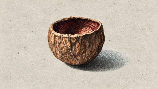 Hand Drawn Empty Walnut Shell Illustration Vintage Botanical Style on Textured Paper
