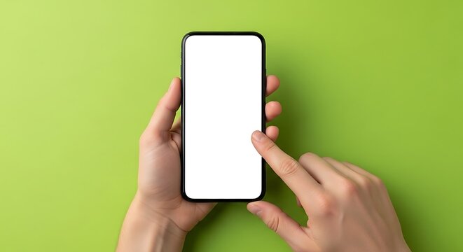 Top-down close-up of hands holding a modern smartphone with a blank white screen, fingers touching the display, set against a vibrant lime green background, conveying digital interaction and